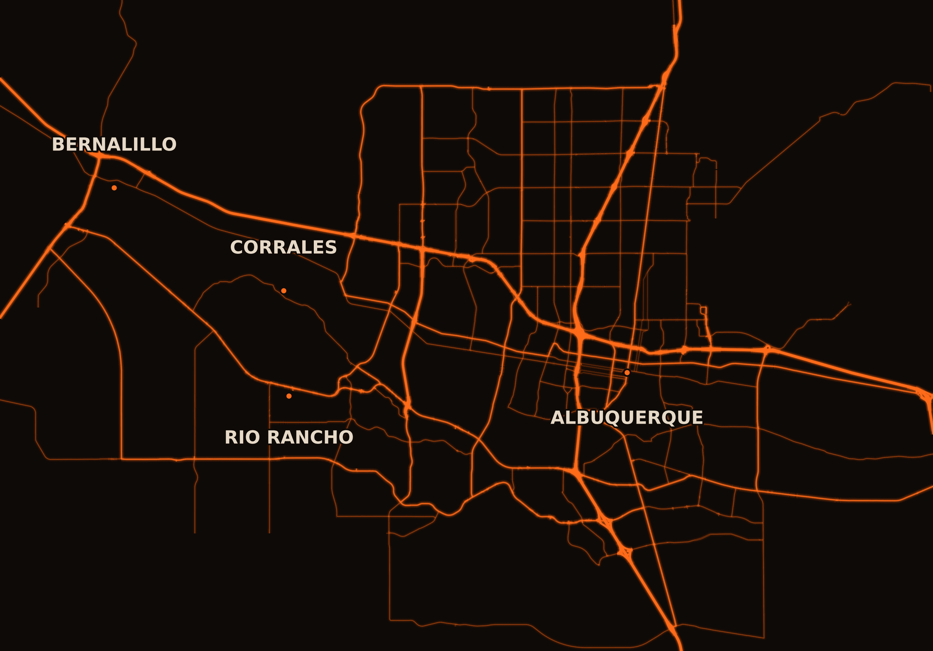 Map of the Albuquerque metro showing free-local-delivery cities: Bernalillo, Rio Rancho, Corrales, Albuquerque, Tijeras, Edgewood, Los Lunas, Belen.